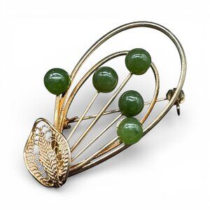 Vintage Gold Tone Brooch Green Jade Stones Balls Filigree Leaf